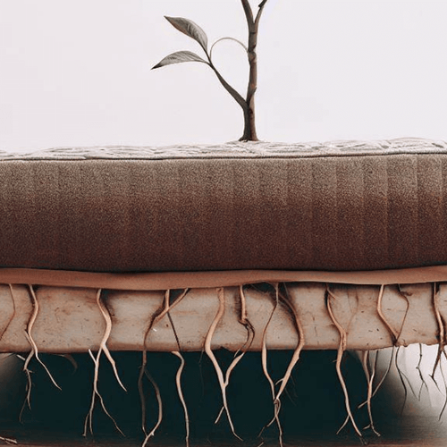 Snoozel Green sustainable mattress with a plant growing out of it