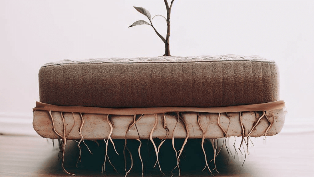 Snoozel Green sustainable mattress with a plant growing out of it