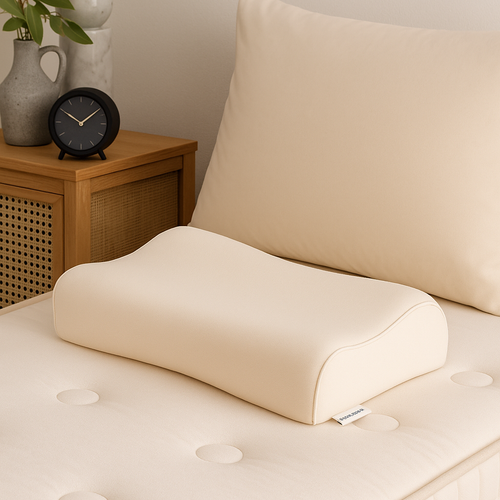 Beige pillow on a bed with a nightstand and lamp in the background
