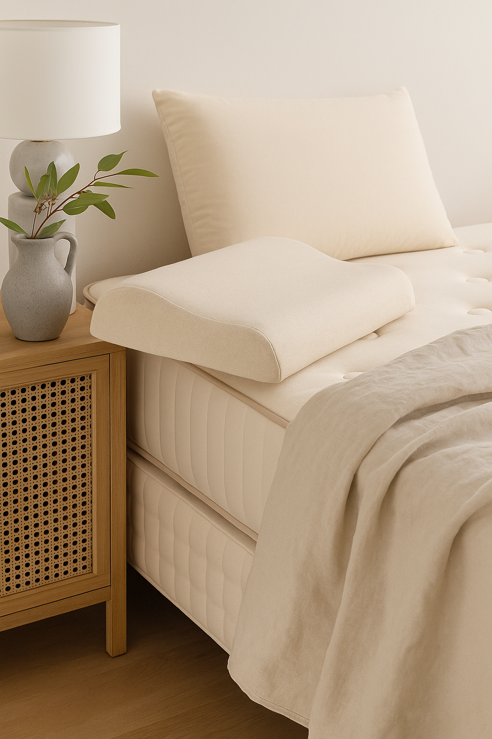 Beige bedding set on a bed with a wooden nightstand and lamp in a bedroom setting.